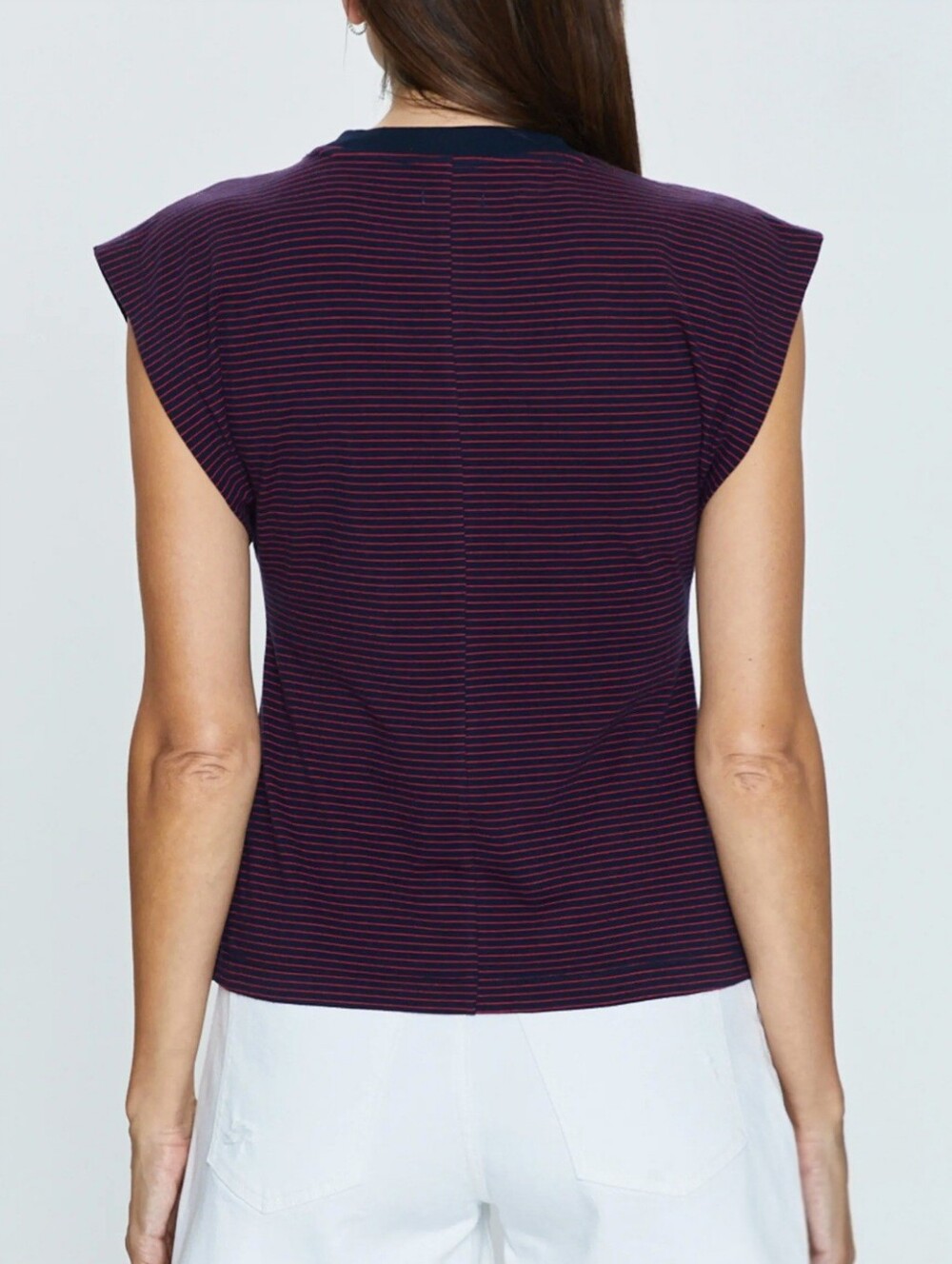 Pistola Marina Purple Stripe Stretch Cap-Sleeve Muscle Tee Top Size M New - Picture 2 of 9